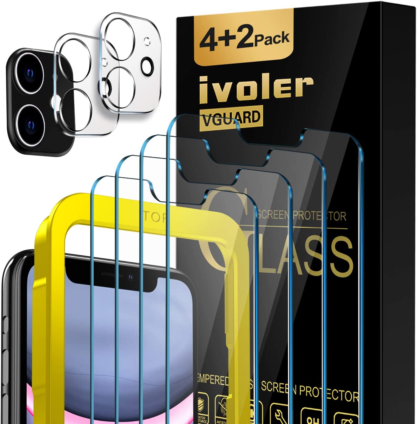 [6 Pack] iVoler [4 Pack] Screen Protector for iPhone 11 and iPhone XR + [2 Pack] Camera Lens Protector